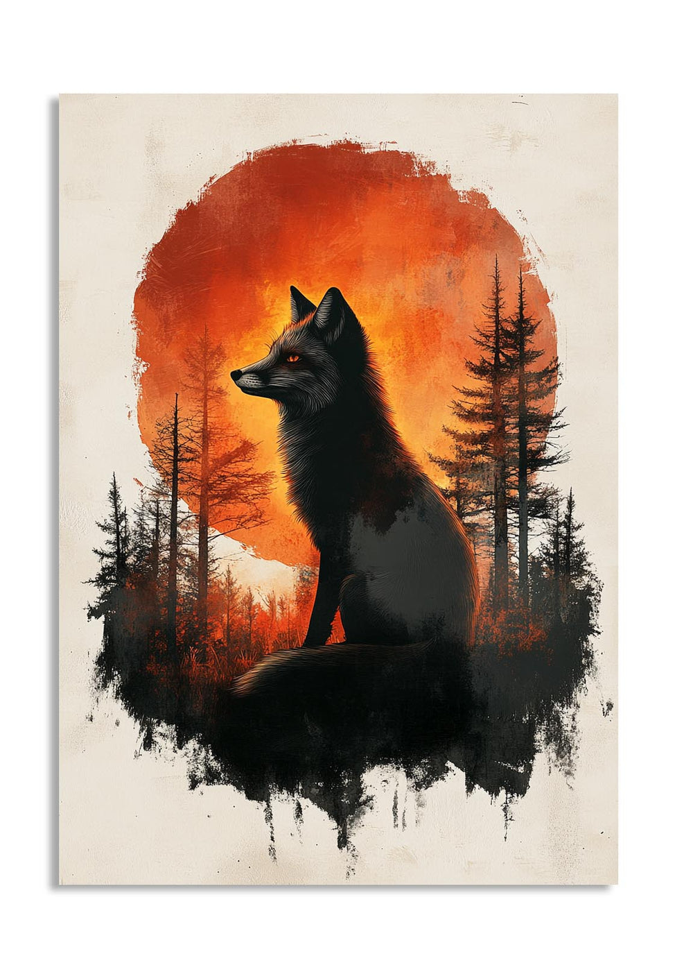 Fox sitting in a forest with an orange sunset in the background, as a premium aluminum metal print from GoMetalPrint.
