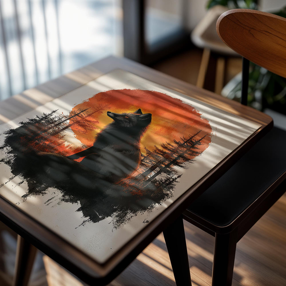 Fox sitting in a forest with an orange sunset in the background, as a premium aluminum metal print from GoMetalPrint.
