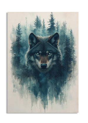 Wolf painting with a forest background, as a premium aluminum metal print from GoMetalPrint.
