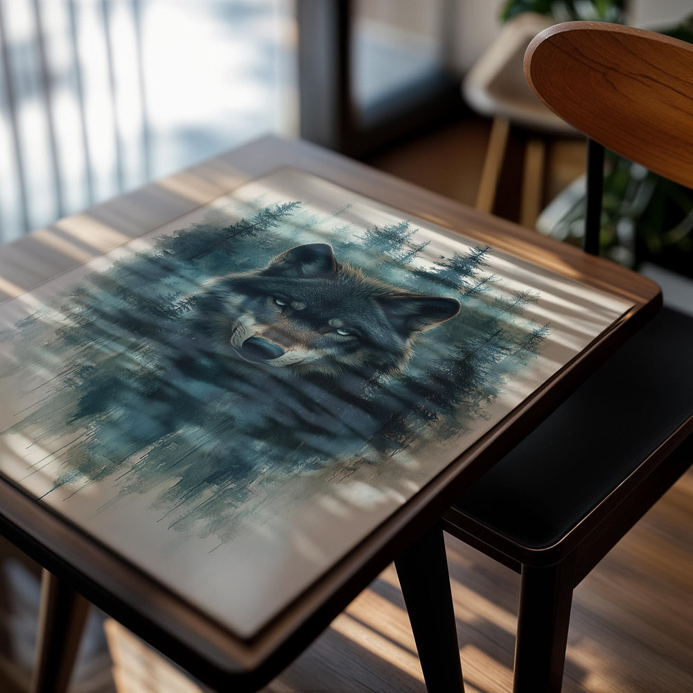 Wolf painting with a forest background, as a premium aluminum metal print from GoMetalPrint.
