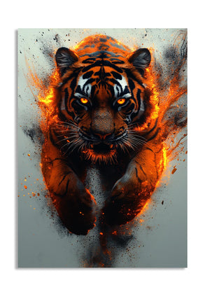 Artistic depiction of a tiger with fiery effects on a gray background, as a premium aluminum metal print from GoMetalPrint.
