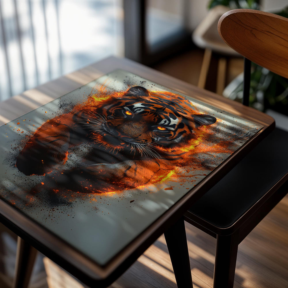Artistic depiction of a tiger with fiery effects on a gray background, as a premium aluminum metal print from GoMetalPrint.
