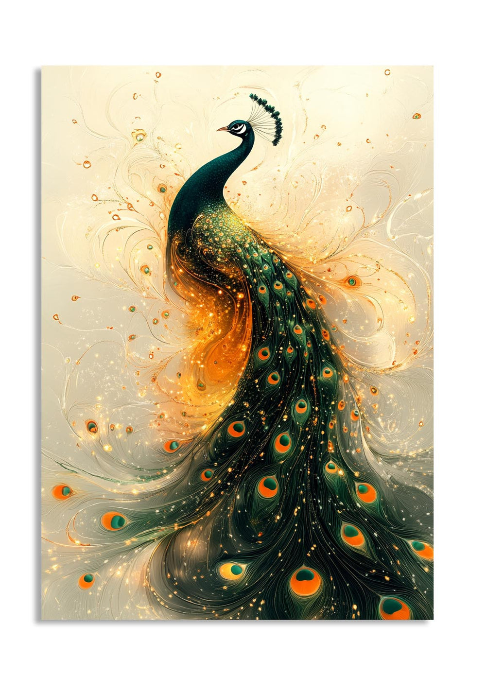 Artistic depiction of a peacock with a colorful tail on a light background, as a premium aluminum metal print from GoMetalPrint.
