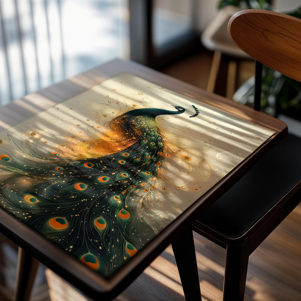 Artistic depiction of a peacock with a colorful tail on a light background, as a premium aluminum metal print from GoMetalPrint.
