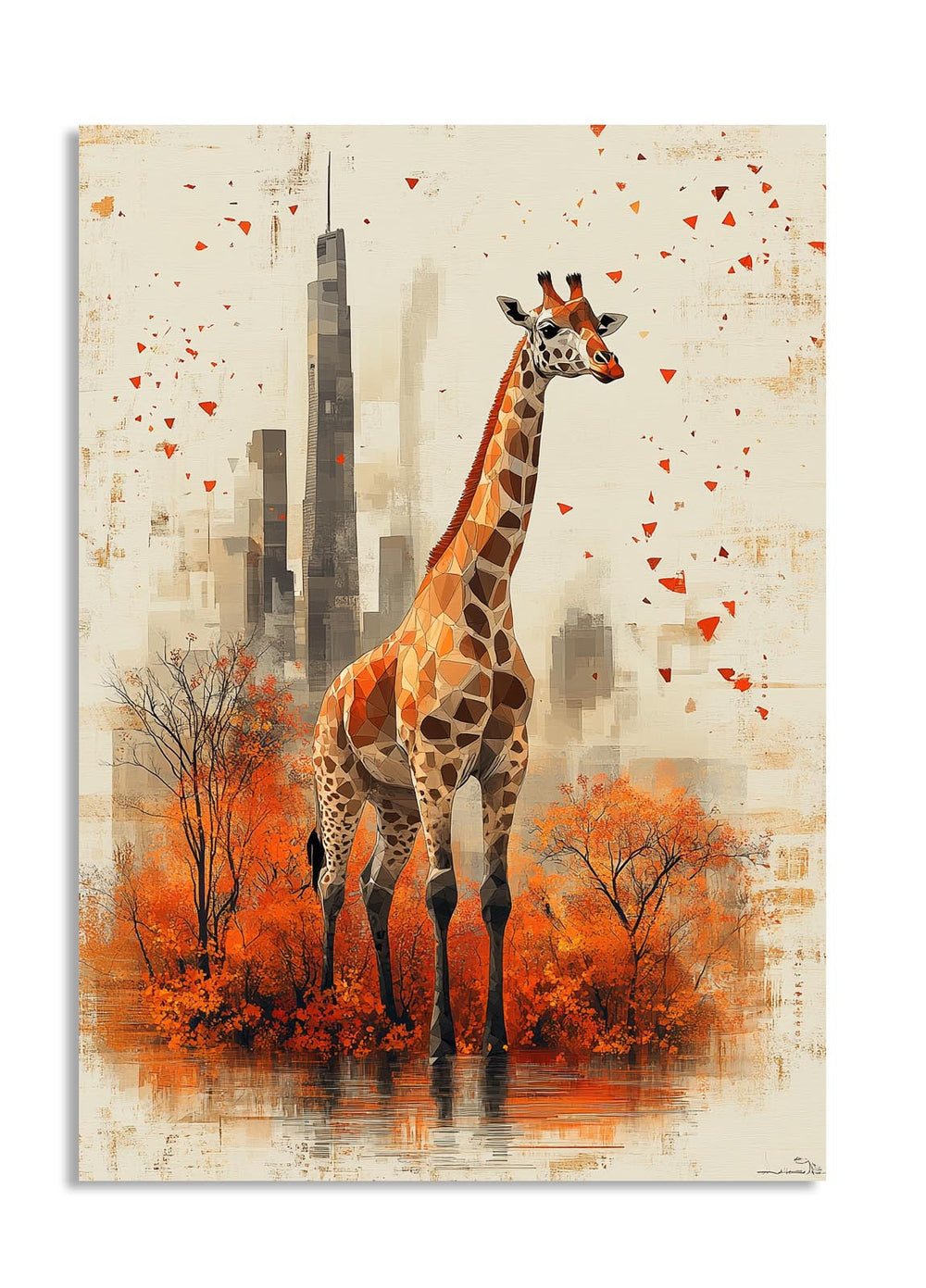 Giraffe standing in an urban setting with trees and a skyscraper, as a premium aluminum metal print from GoMetalPrint.
