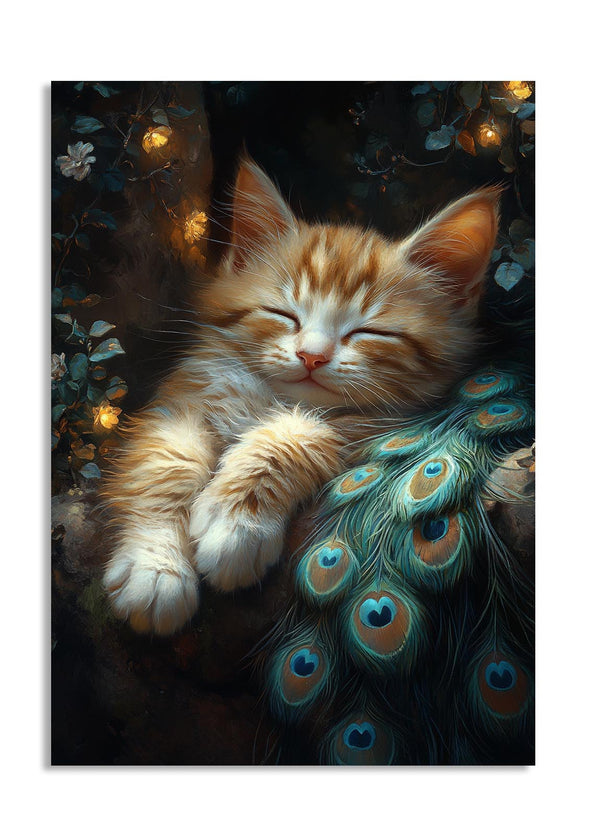 Sleeping kitten with peacock feathers in a dark, cozy setting, as a premium aluminum metal print from GoMetalPrint.
