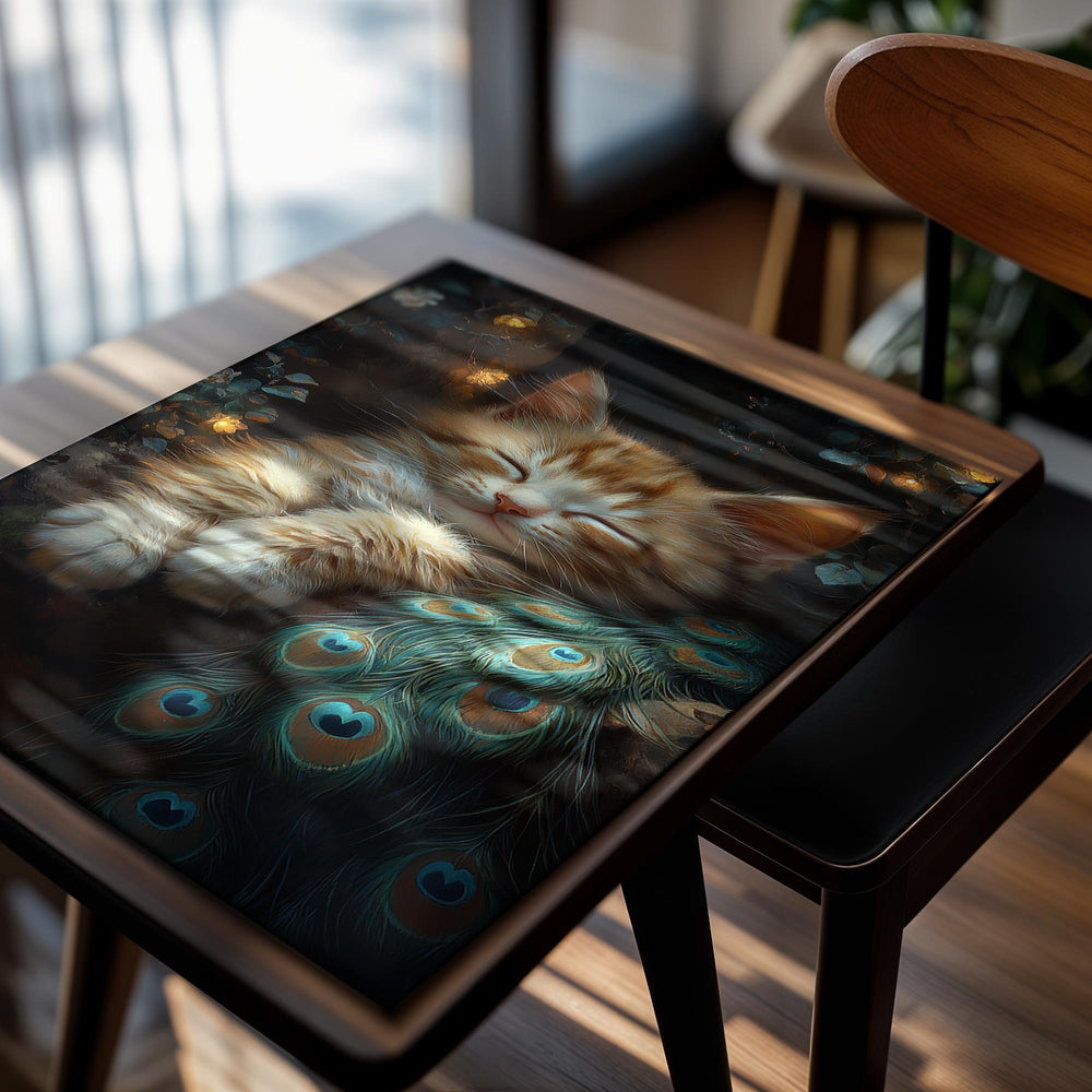 Sleeping kitten with peacock feathers in a dark, cozy setting, as a premium aluminum metal print from GoMetalPrint.
