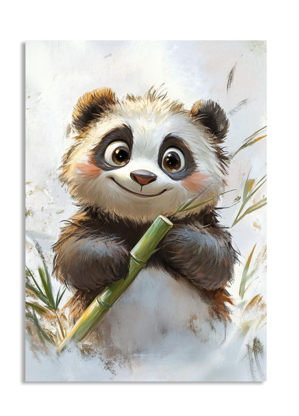 Cartoon panda holding a bamboo stick with a light background, as a premium aluminum metal print from GoMetalPrint.
