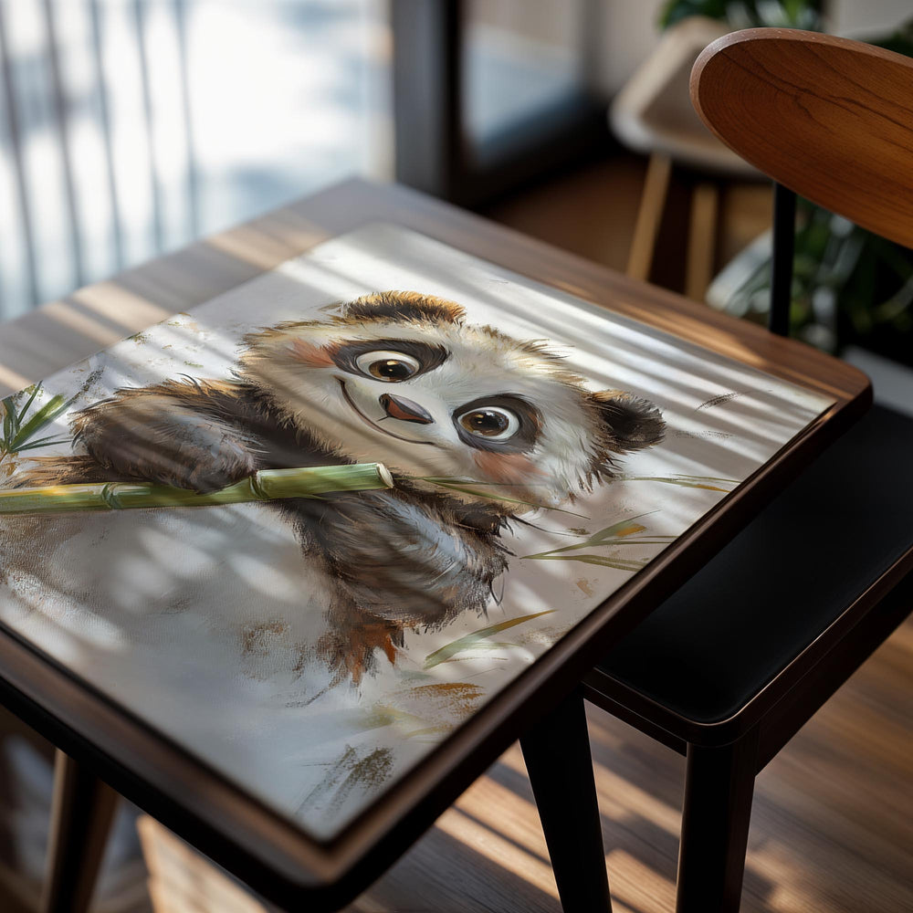 Cartoon panda holding a bamboo stick with a light background, as a premium aluminum metal print from GoMetalPrint.
