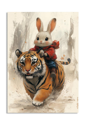 Illustration of a rabbit riding on a tiger's back with a textured background, as a premium aluminum metal print from GoMetalPrint.
