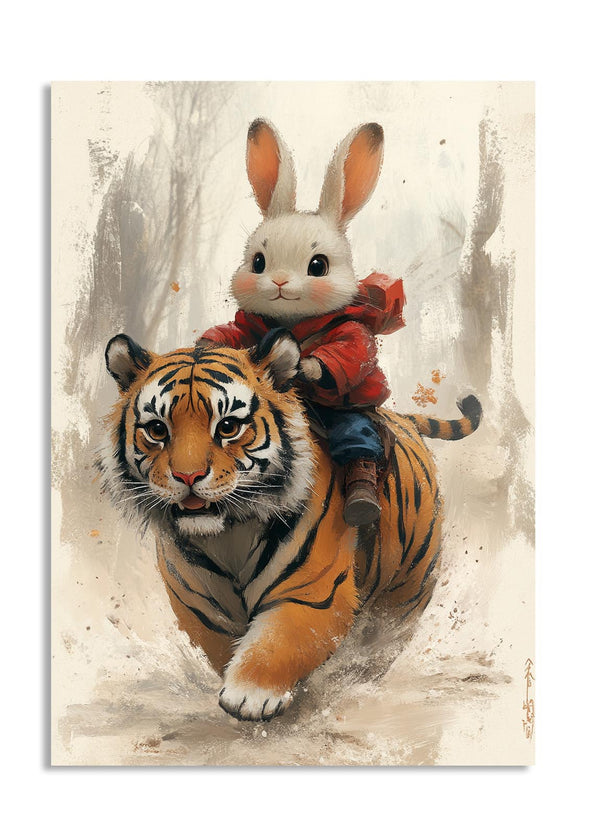 Illustration of a rabbit riding on a tiger's back with a textured background, as a premium aluminum metal print from GoMetalPrint.
