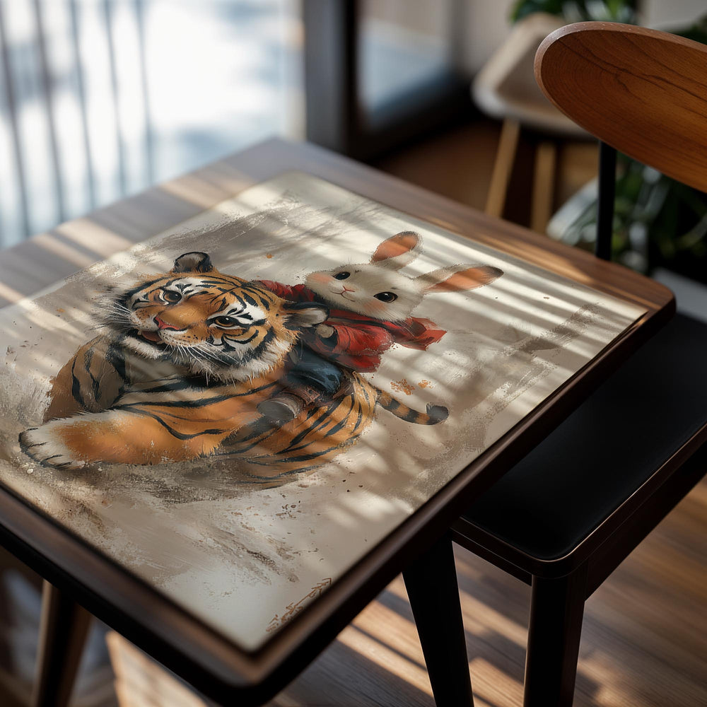Illustration of a rabbit riding on a tiger's back with a textured background, as a premium aluminum metal print from GoMetalPrint.
