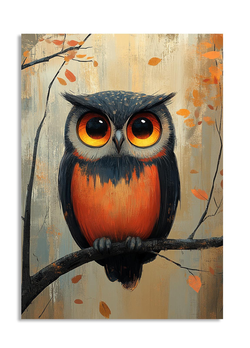 Painting of an owl perched on a branch with autumn leaves, as a premium aluminum metal print from GoMetalPrint.
