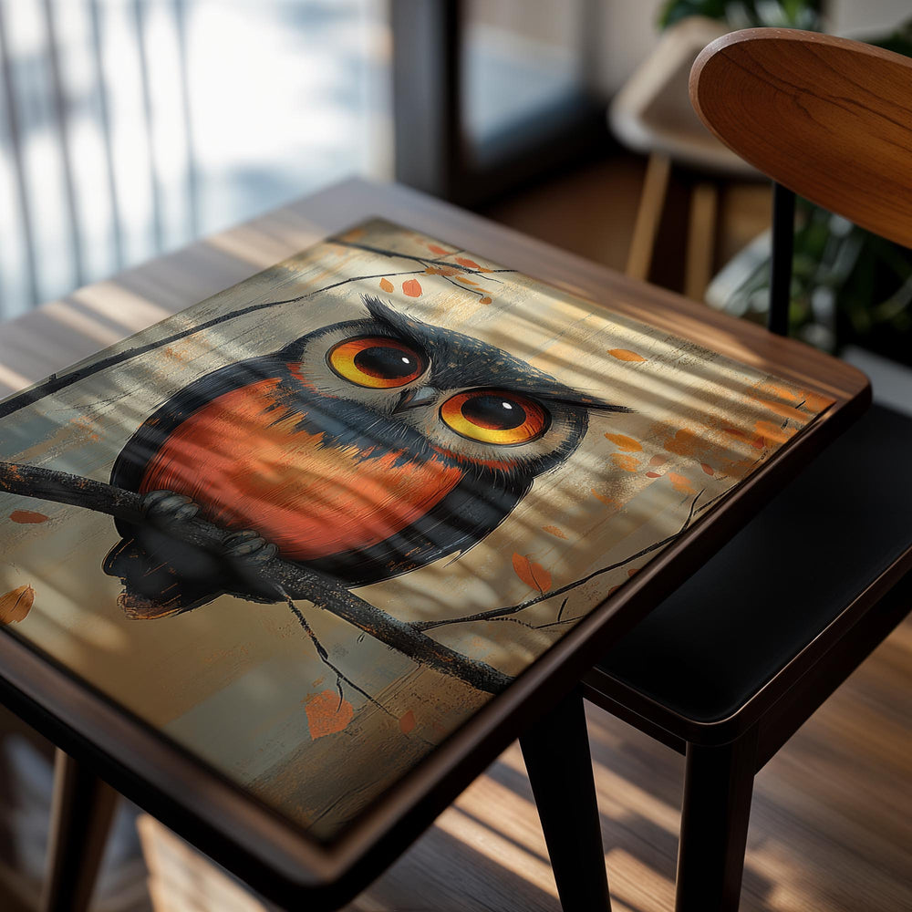 Painting of an owl perched on a branch with autumn leaves, as a premium aluminum metal print from GoMetalPrint.
