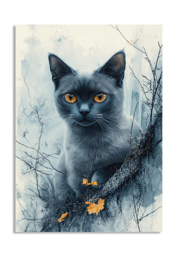 Blue cat with orange eyes sitting on a branch against a snowy background, as a premium aluminum metal print from GoMetalPrint.
