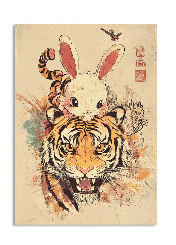 Illustration of a tiger with rabbit ears and a tiger's face, on a beige background, as a premium aluminum metal print from GoMetalPrint.
