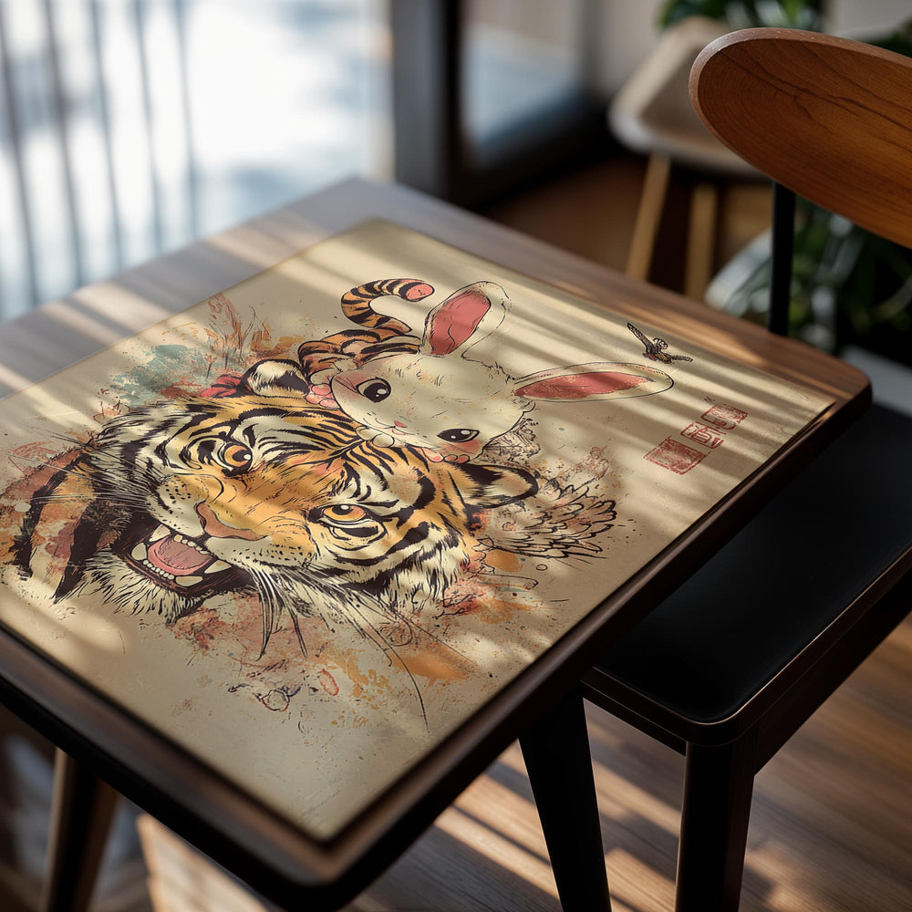 Illustration of a tiger with rabbit ears and a tiger's face, on a beige background, as a premium aluminum metal print from GoMetalPrint.

