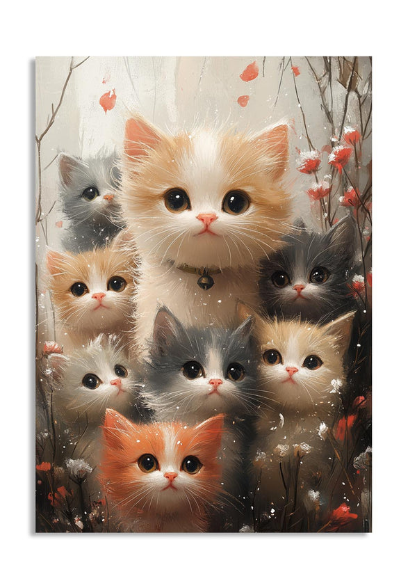 Illustration of six cute kittens surrounded by flowers and branches on a light background, as a premium aluminum metal print from GoMetalPrint.
