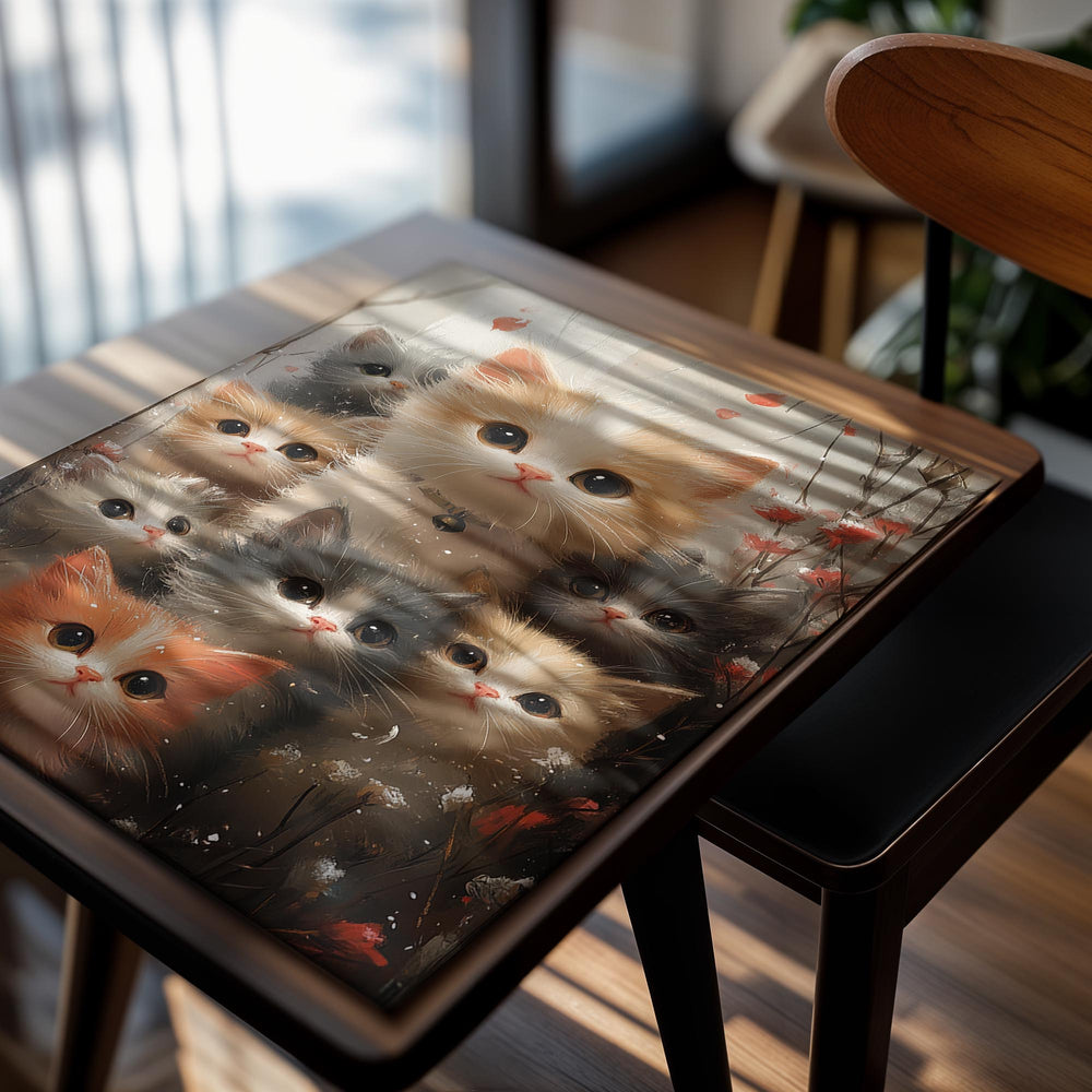 Illustration of six cute kittens surrounded by flowers and branches on a light background, as a premium aluminum metal print from GoMetalPrint.
