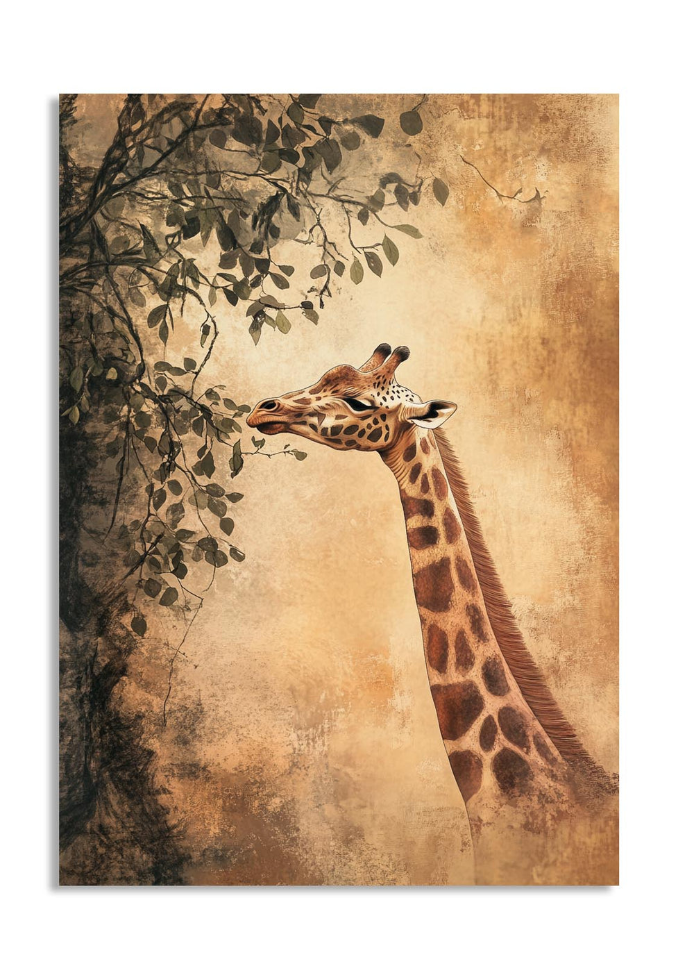 Giraffe painting on a textured beige background, as a premium aluminum metal print from GoMetalPrint.

