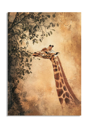 Giraffe painting on a textured beige background, as a premium aluminum metal print from GoMetalPrint.
