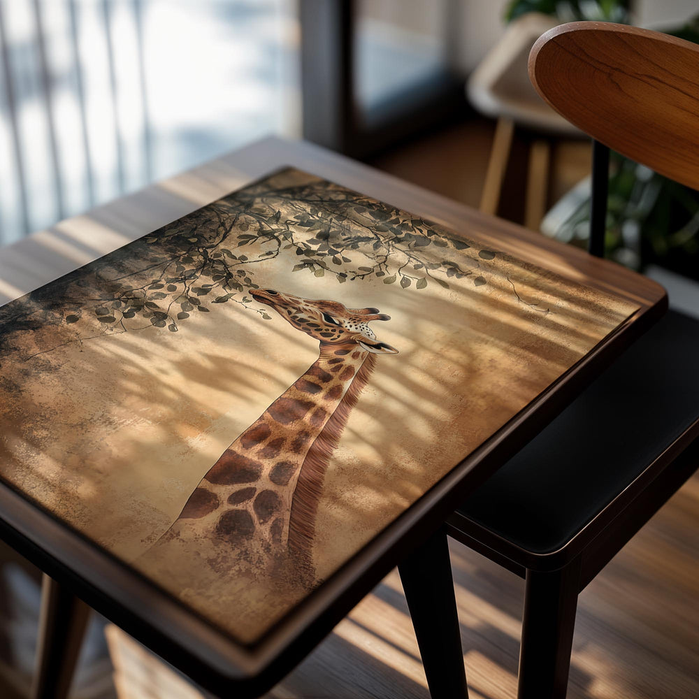 Giraffe painting on a textured beige background, as a premium aluminum metal print from GoMetalPrint.
