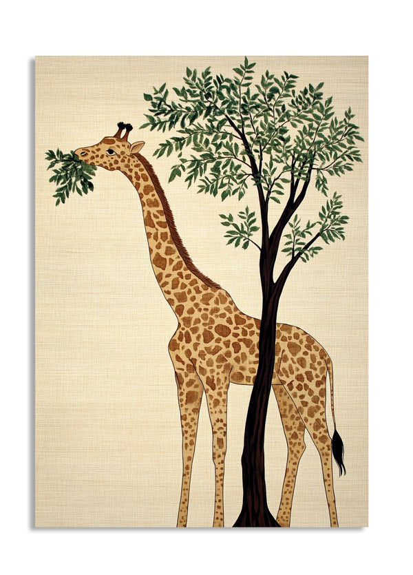 Illustration of a giraffe eating leaves from a tree on a beige background, as a premium aluminum metal print from GoMetalPrint.

