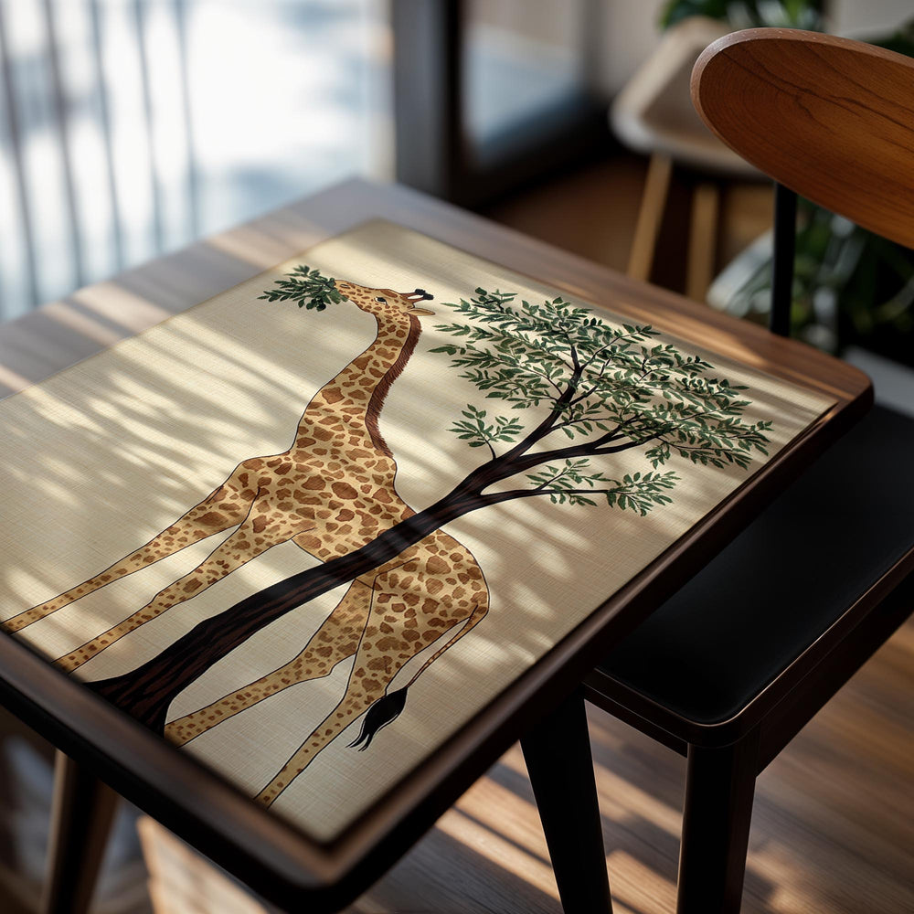Illustration of a giraffe eating leaves from a tree on a beige background, as a premium aluminum metal print from GoMetalPrint.
