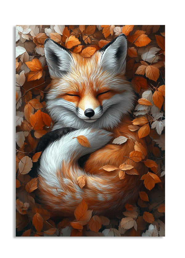 Sleeping fox surrounded by autumn leaves, as a premium aluminum metal print from GoMetalPrint.
