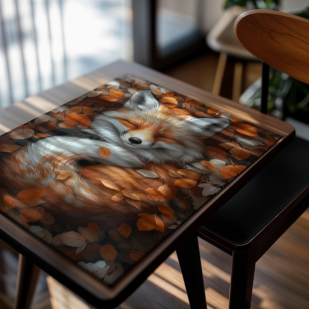 Sleeping fox surrounded by autumn leaves, as a premium aluminum metal print from GoMetalPrint.
