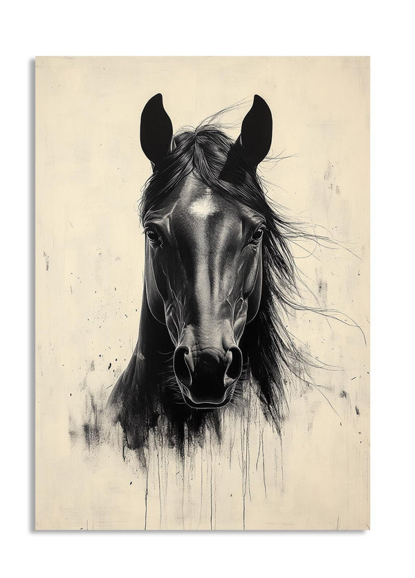 Black and white illustration of a horse's head on a beige background, as a premium aluminum metal print from GoMetalPrint.
