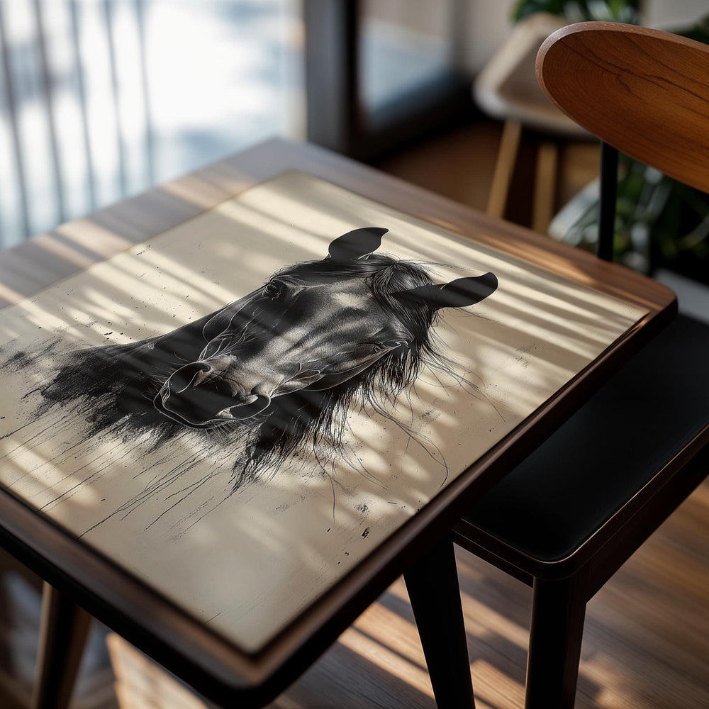 Black and white illustration of a horse's head on a beige background, as a premium aluminum metal print from GoMetalPrint.

