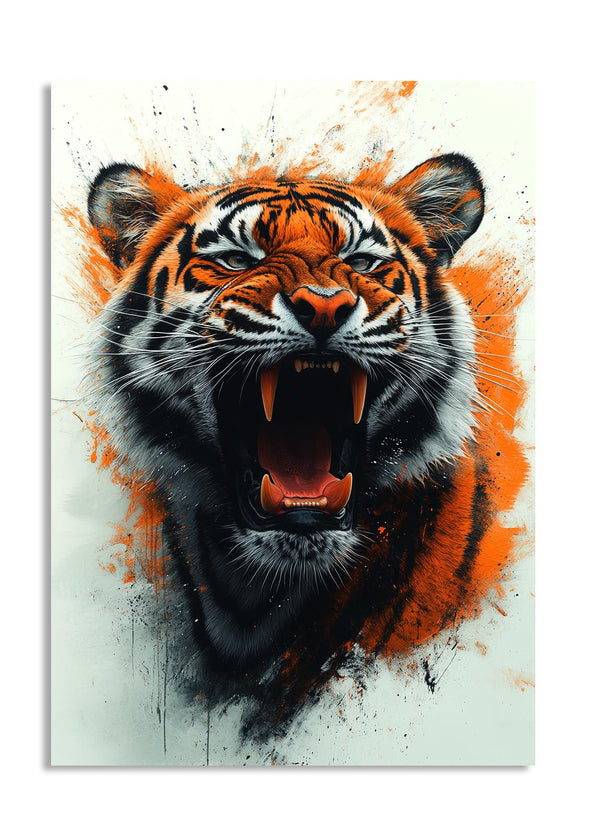 Artistic depiction of a roaring tiger with a colorful background, as a premium aluminum metal print from GoMetalPrint.
