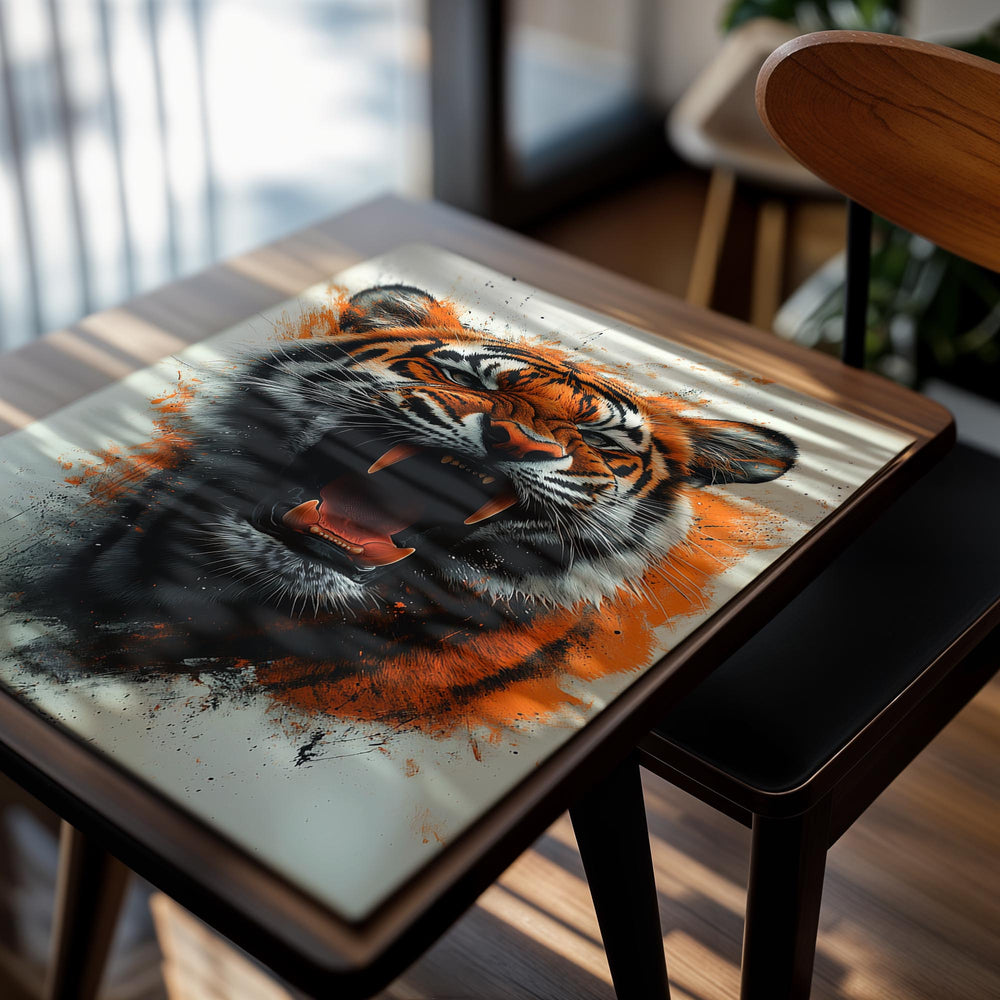 Artistic depiction of a roaring tiger with a colorful background, as a premium aluminum metal print from GoMetalPrint.
