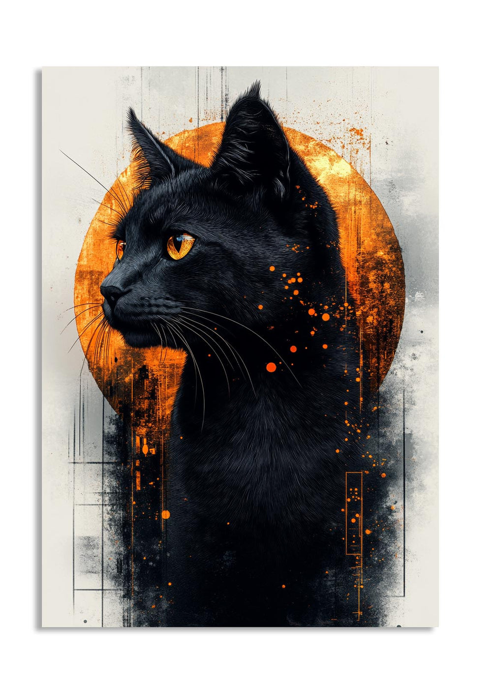 Artistic depiction of a black cat with an orange sun-like background, as a premium aluminum metal print from GoMetalPrint.
