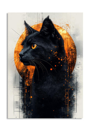 Artistic depiction of a black cat with an orange sun-like background, as a premium aluminum metal print from GoMetalPrint.
