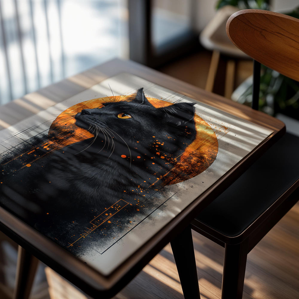 Artistic depiction of a black cat with an orange sun-like background, as a premium aluminum metal print from GoMetalPrint.
