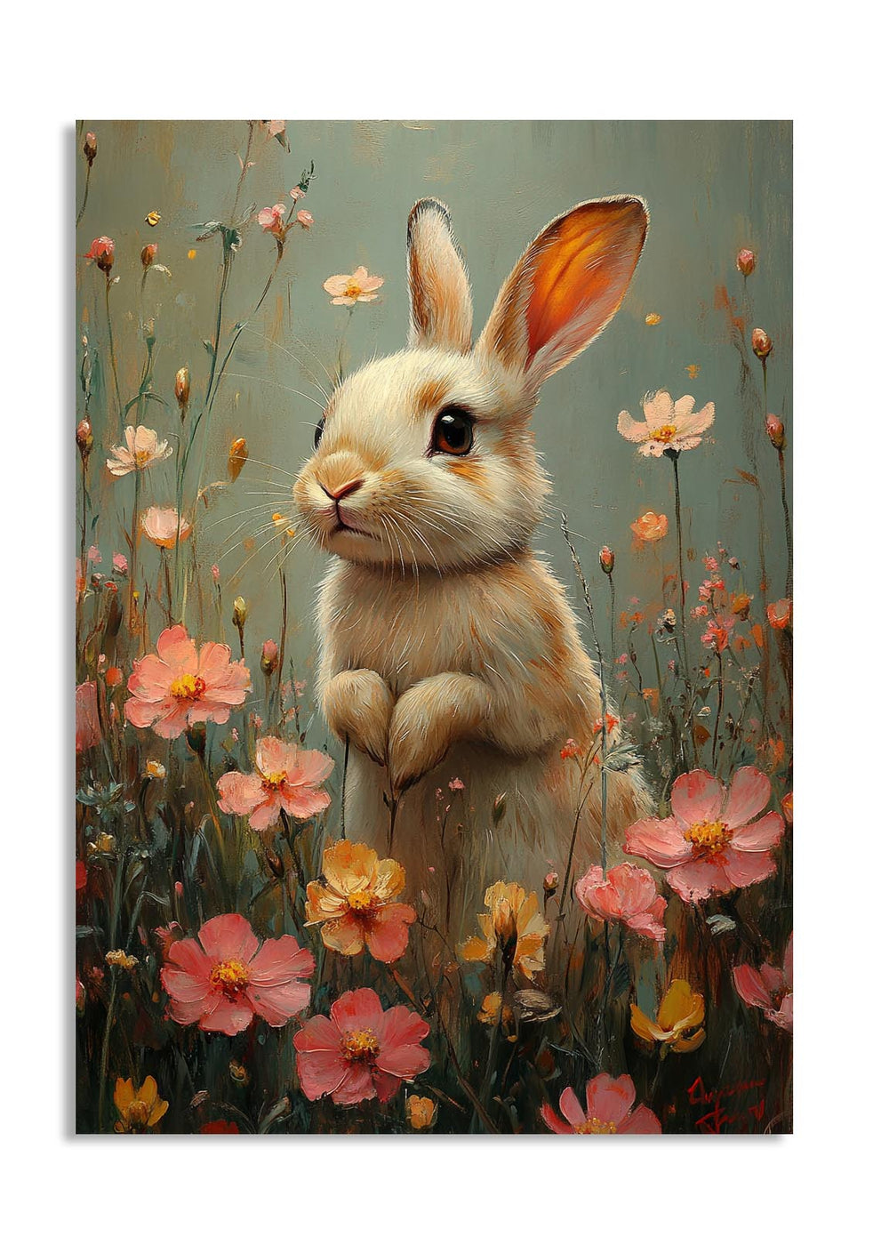 Painting of a rabbit surrounded by flowers in a field, as a premium aluminum metal print from GoMetalPrint.
