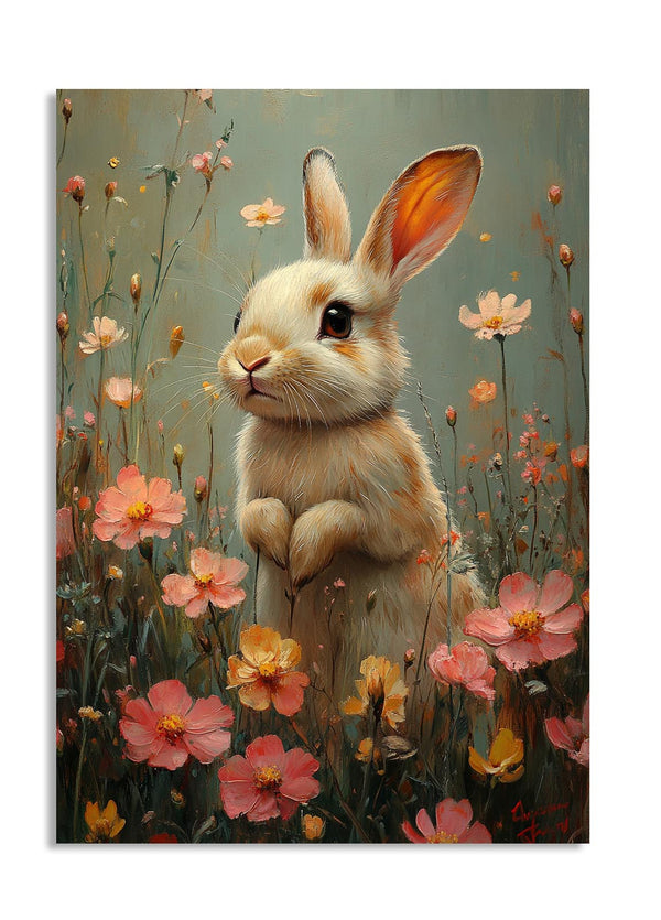 Painting of a rabbit surrounded by flowers in a field, as a premium aluminum metal print from GoMetalPrint.
