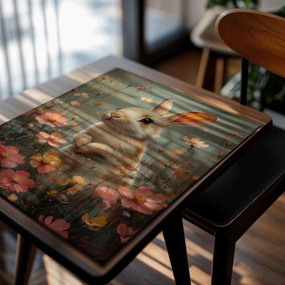Painting of a rabbit surrounded by flowers in a field, as a premium aluminum metal print from GoMetalPrint.
