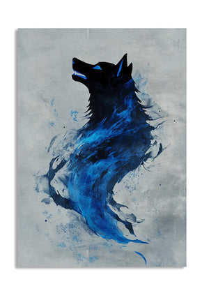 Artistic depiction of a wolf with blue and black colors on a gray background, as a premium aluminum metal print from GoMetalPrint.

