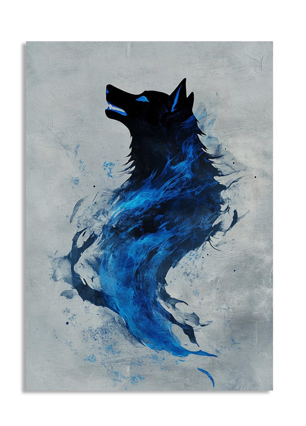 Artistic depiction of a wolf with blue and black colors on a gray background, as a premium aluminum metal print from GoMetalPrint.

