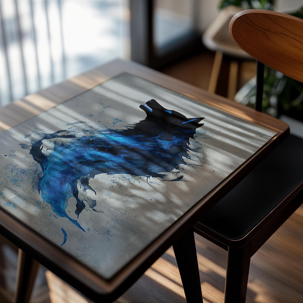 Artistic depiction of a wolf with blue and black colors on a gray background, as a premium aluminum metal print from GoMetalPrint.

