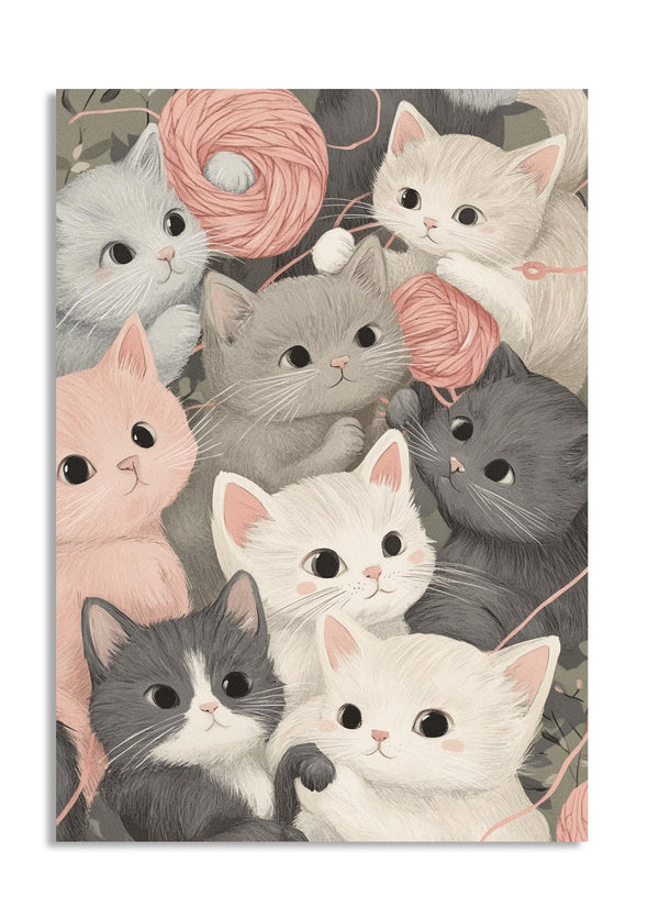 Illustration of kittens with yarn balls on a patterned background, as a premium aluminum metal print from GoMetalPrint.
