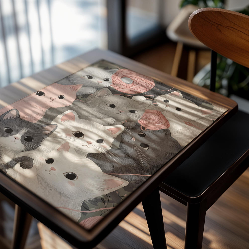 Illustration of kittens with yarn balls on a patterned background, as a premium aluminum metal print from GoMetalPrint.
