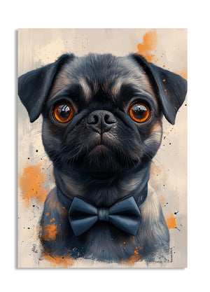 Painting of a pug dog wearing a bow tie with abstract orange and beige background, as a premium aluminum metal print from GoMetalPrint.
