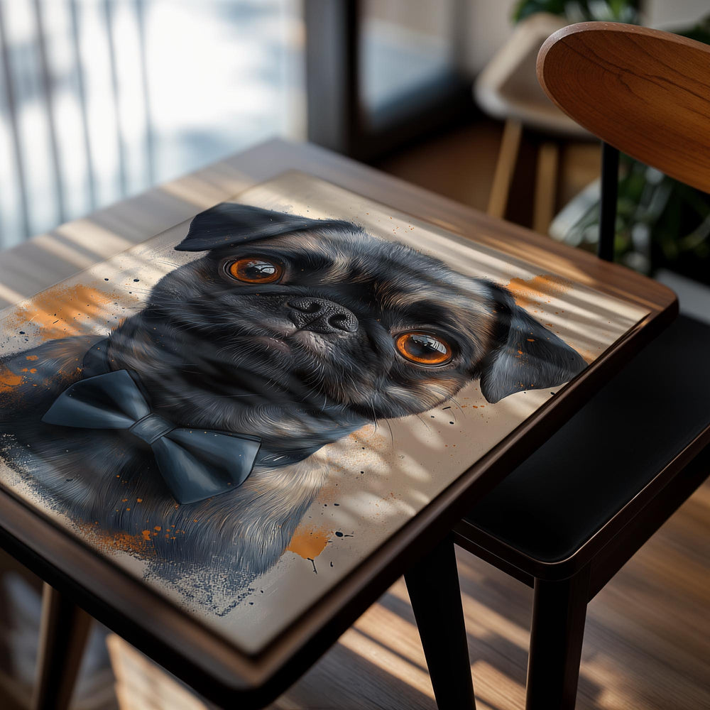 Painting of a pug dog wearing a bow tie with abstract orange and beige background, as a premium aluminum metal print from GoMetalPrint.
