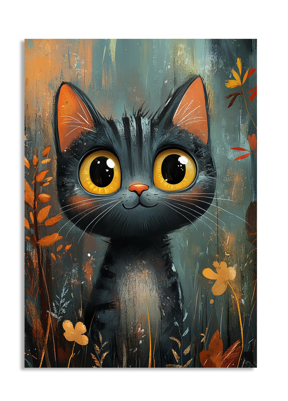 Painting of a black cat with large yellow eyes in a natural setting with flowers and leaves, as a premium aluminum metal print from GoMetalPrint.
