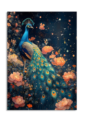 Peacock in a floral setting with a dark blue background, as a premium aluminum metal print from GoMetalPrint.
