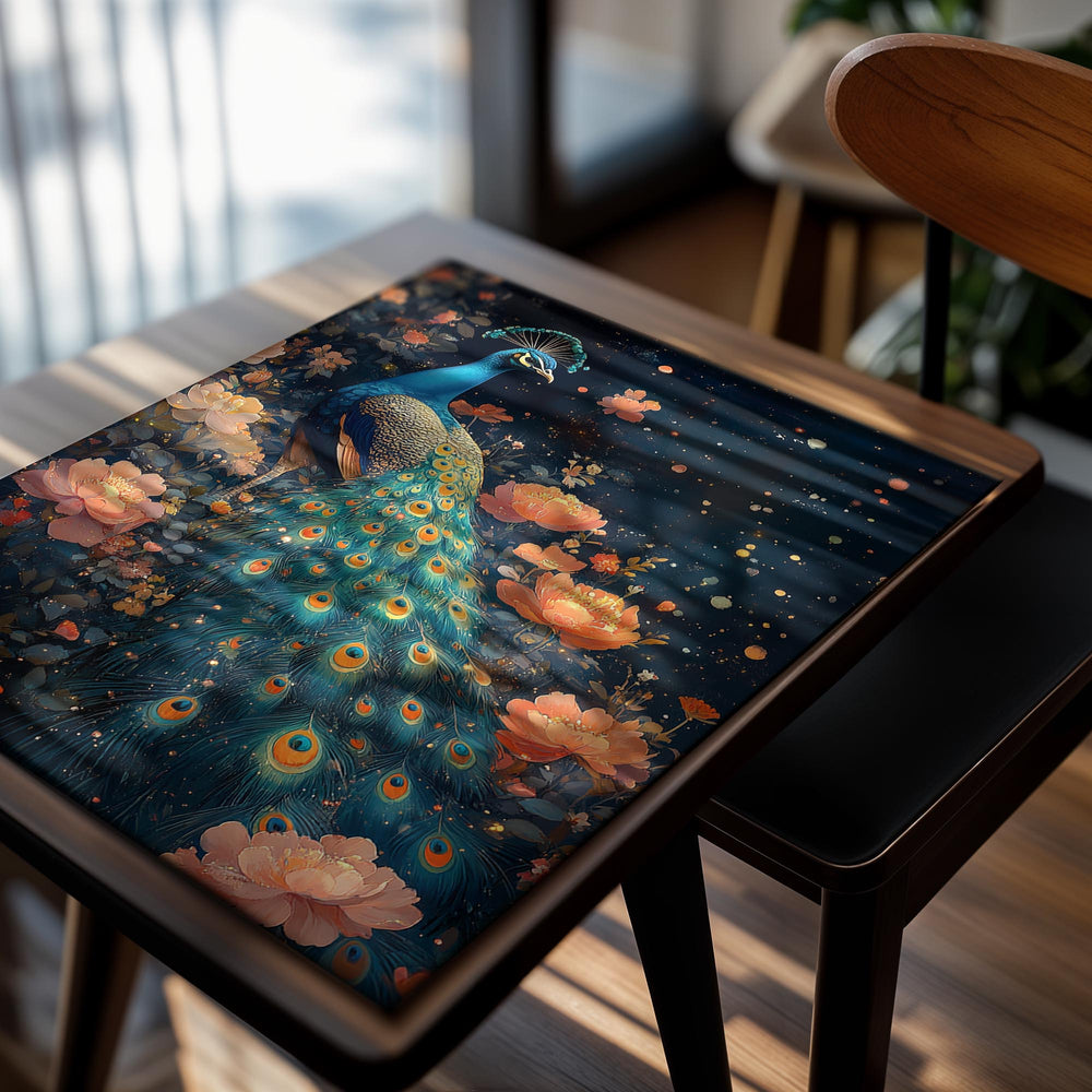 Peacock in a floral setting with a dark blue background, as a premium aluminum metal print from GoMetalPrint.
